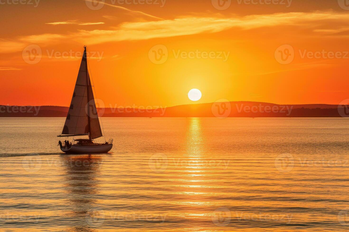 A Lone Sailboat in a Serene Sunset Over Calm Ocean Waters - AI generated photo