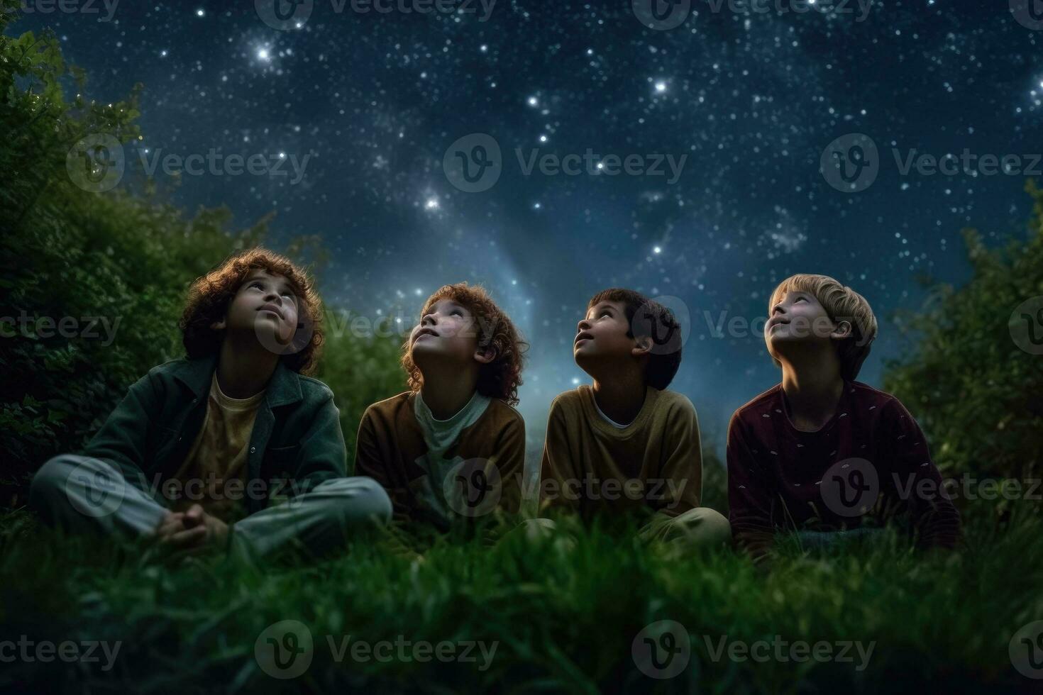 Children of diverse backgrounds gaze in wonder at starry night sky in outdoor fantasy scene - AI generated photo