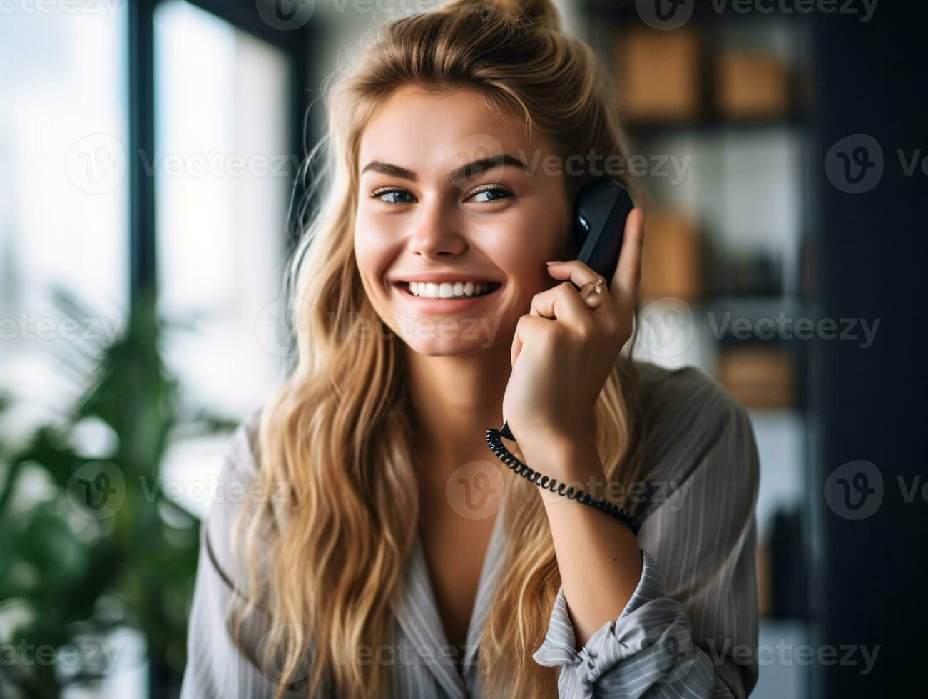 Smiling female entrepreneur answering phone calls in office with natural light. Realistic portrait photography. - AI generated photo