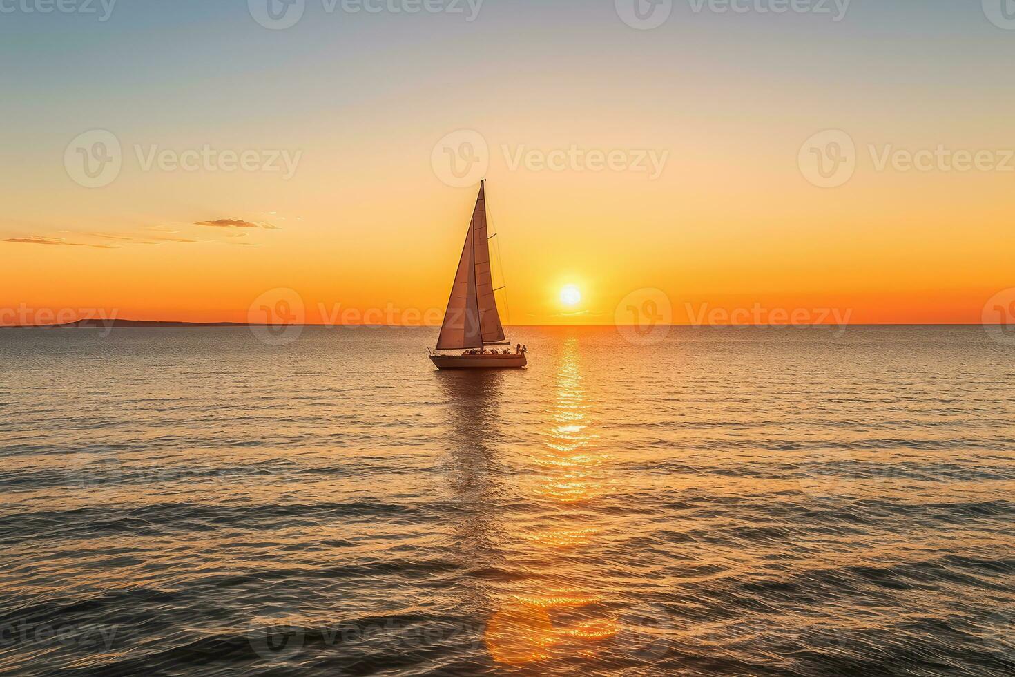 Serene Sunset over Calm Ocean Waters with Sailboat in Distance - AI generated photo