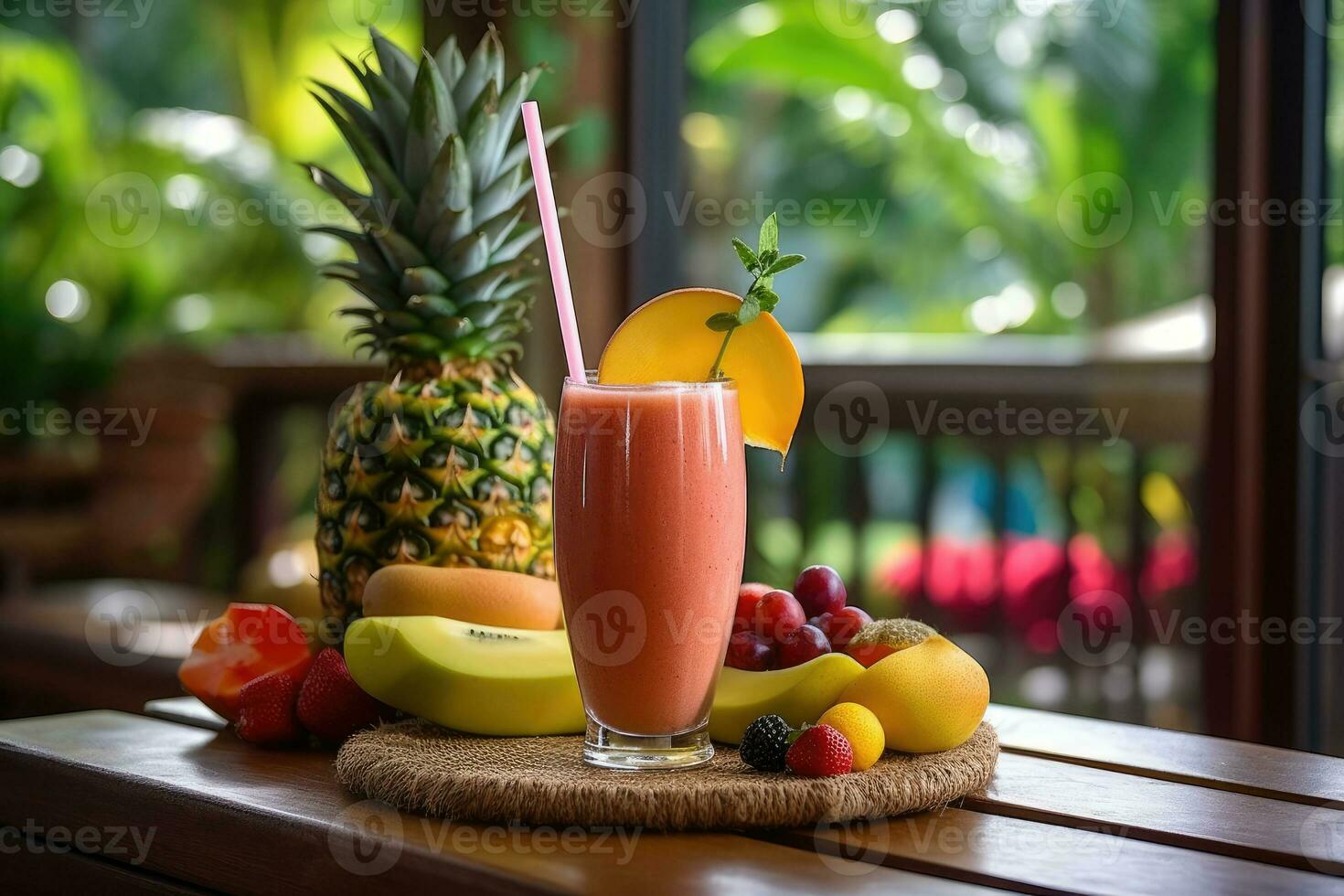 Tropical Paradise in a Glass - A Refreshing Smoothie in a Lush Jungle Setting - AI generated photo