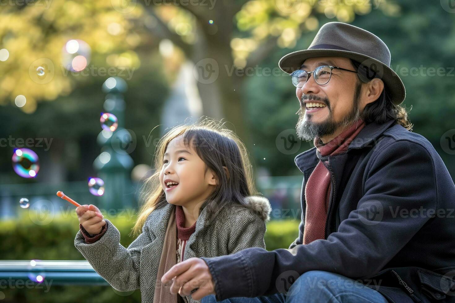Father and Daughter Playfully Blowing Bubbles in Park with Bokeh Effect - Childhood Joy and Love - AI generated photo