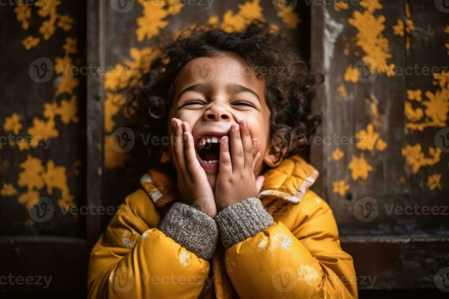 Unbridled Joy - Close-up Portrait of a Laughing Child in Home Setting, Pure Emotions of Happiness and Innocence - AI generated photo