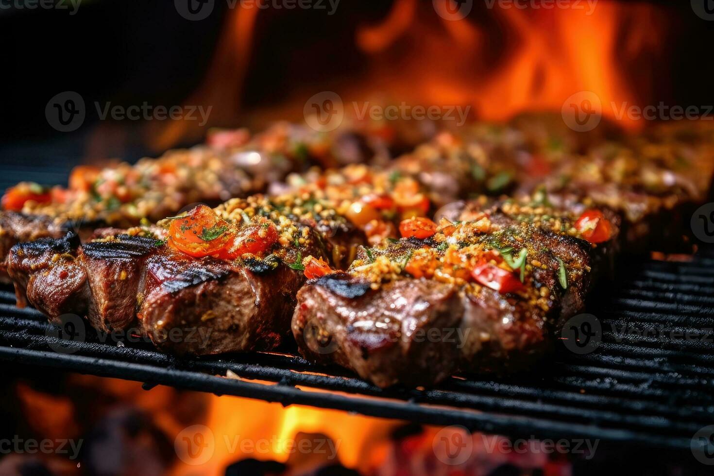 Sizzling Summer Grilling - A Close-Up View of Mouthwatering Meat on the Barbecue - AI generated photo