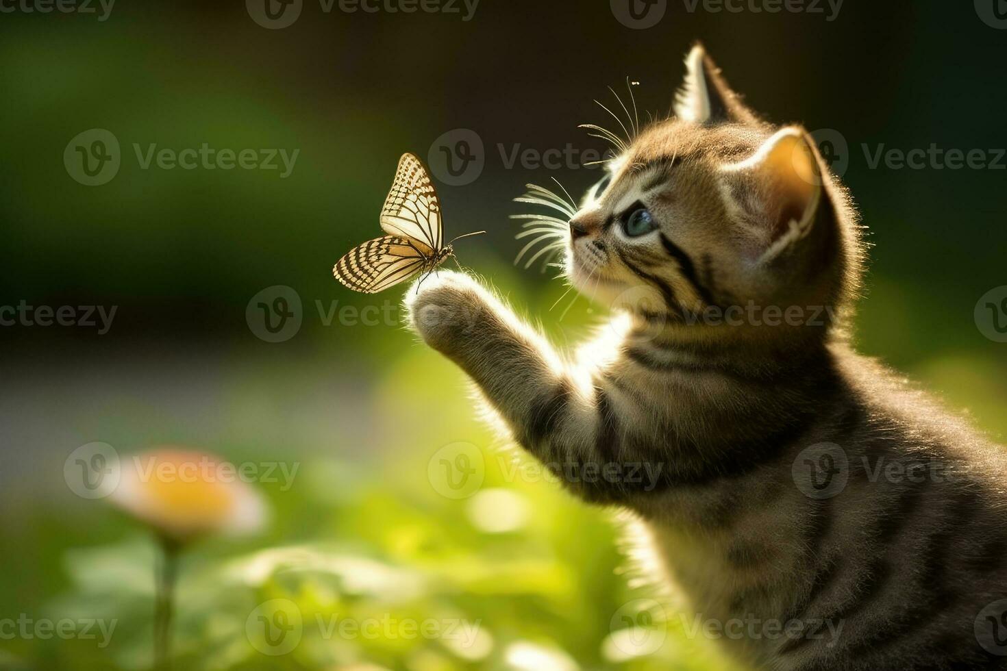 curioso gatito y delicado mariposa en broma interactuar en jardín de cerca - ai generado foto