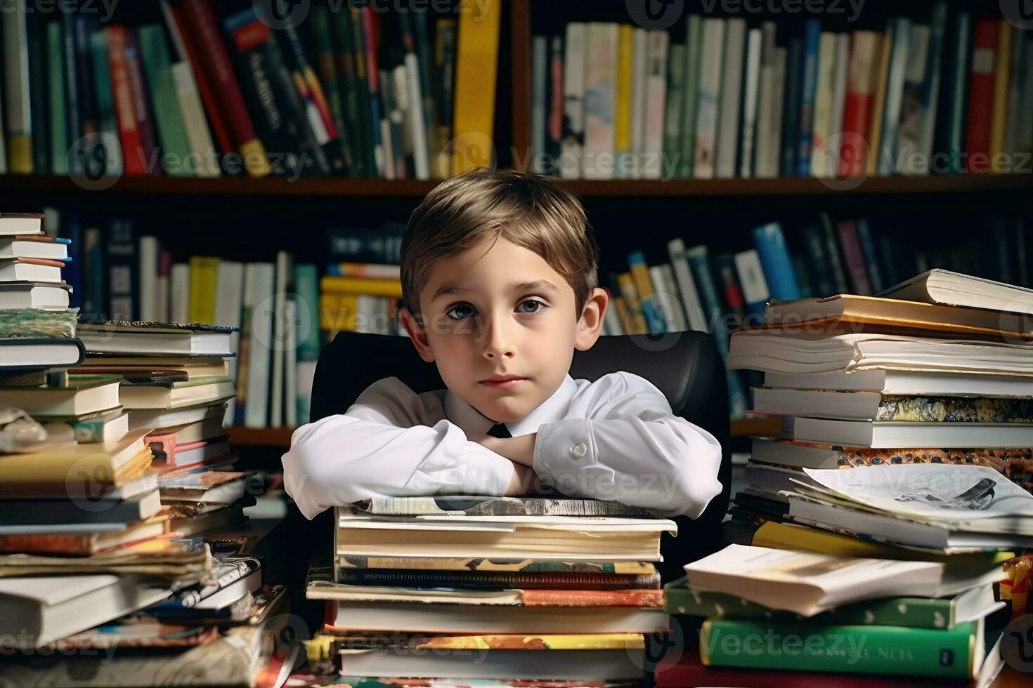 frustrado niño estudiando en salón de clases con libros y documentos - de cerca educativo imagen con determinación y concentración emociones - ai generado foto