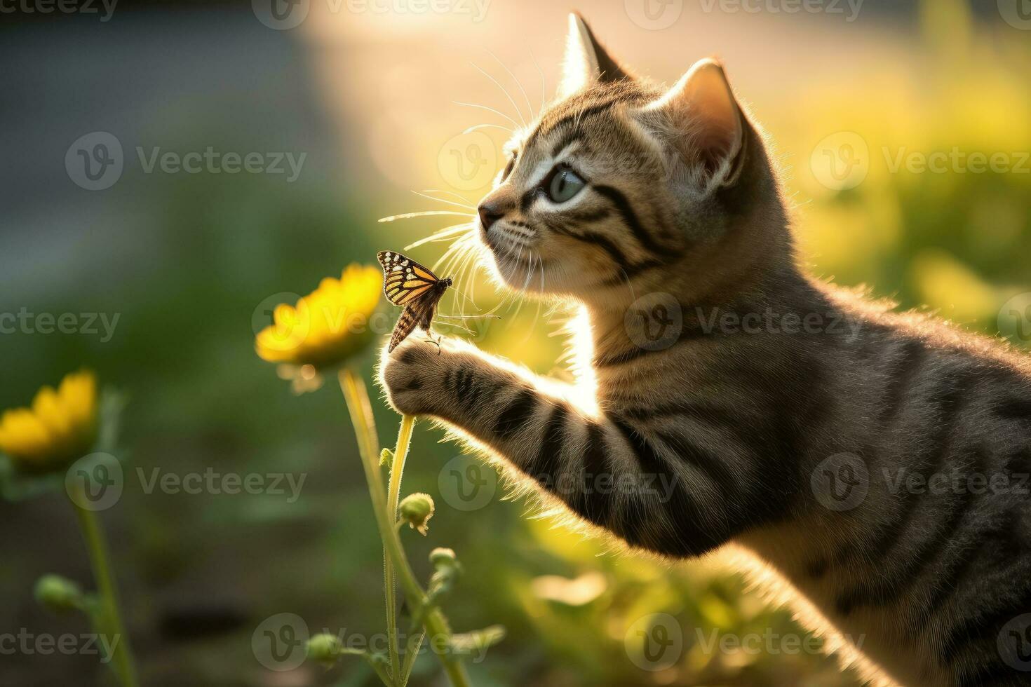 Curiosity in Nature - A Playful Kitten and Delicate Butterfly - AI generated photo