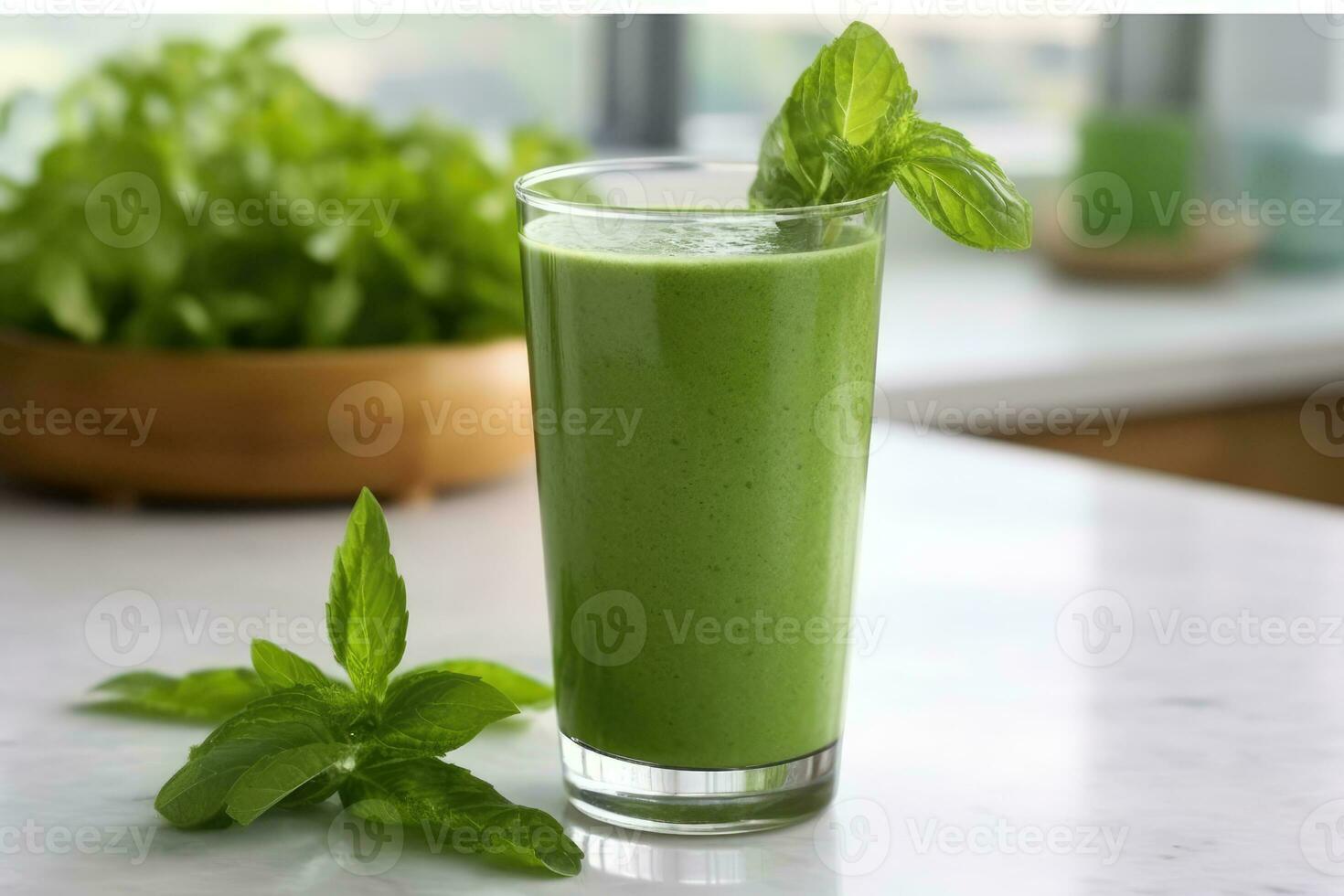 Sip on Health with a Clear Glass of Green Smoothie - A Kitchen Still Life - AI generated photo