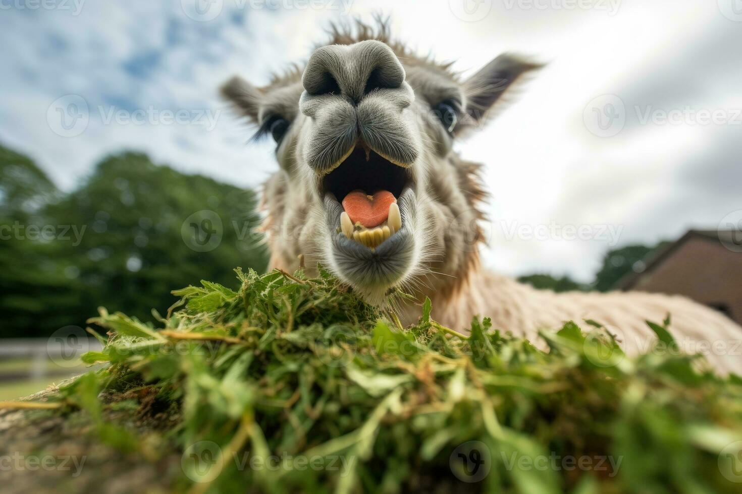 The Silly Side of Farm Life - A Close-Up of an Alpaca's Amusing Facial Expressions - AI generated photo