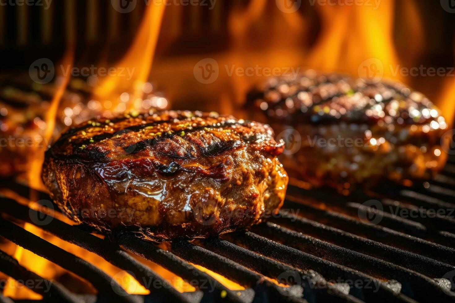 Grilled Burgers on Sizzling BBQ with Smoke - Appetizing Culinary Close-up - AI generated photo