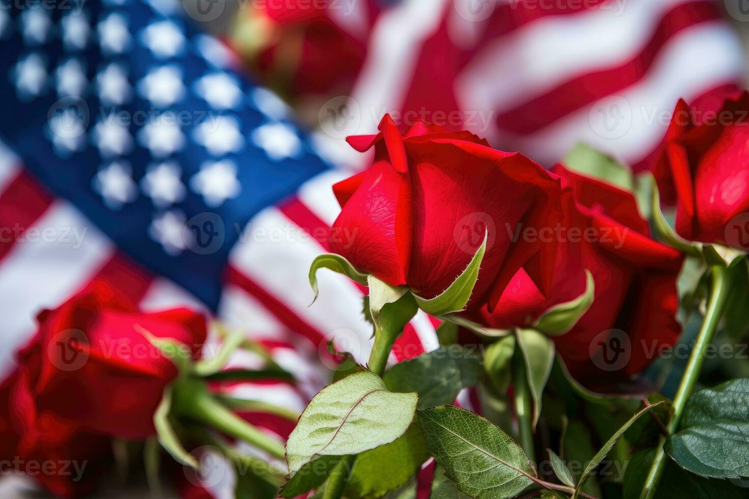 A Solemn Tribute - Red, White, and Blue Flowers at an Outdoor Memorial - AI generated photo