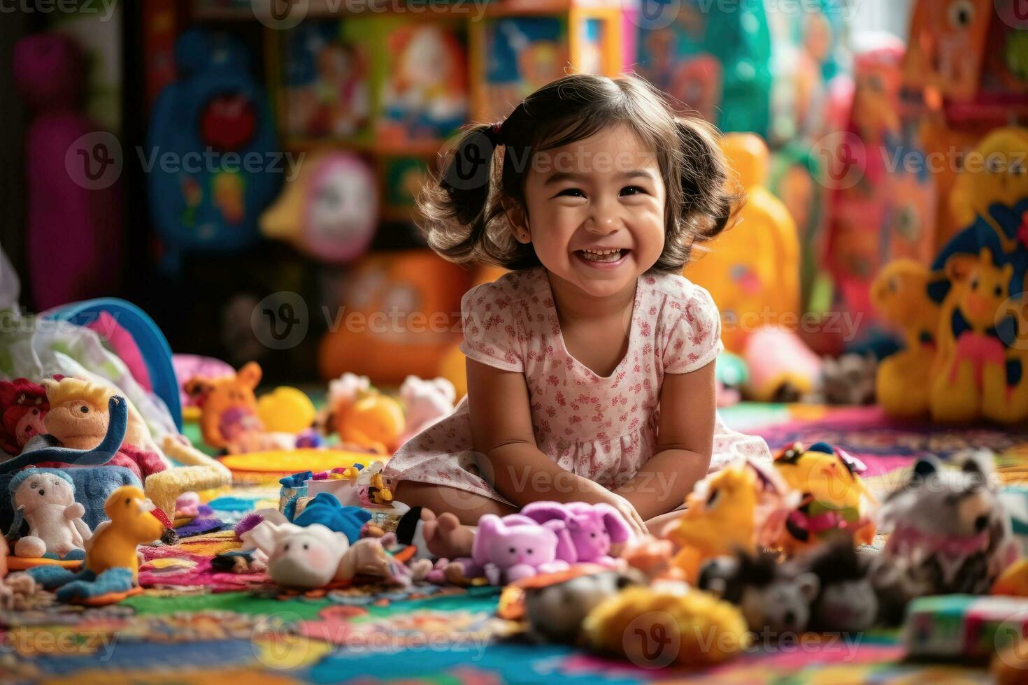 Joyful Toddler Surrounded by Colorful Toys on Mat - Close-up Lifestyle Photo of Happy Playtime at Home with Soft Focus and Natural Light - AI generated