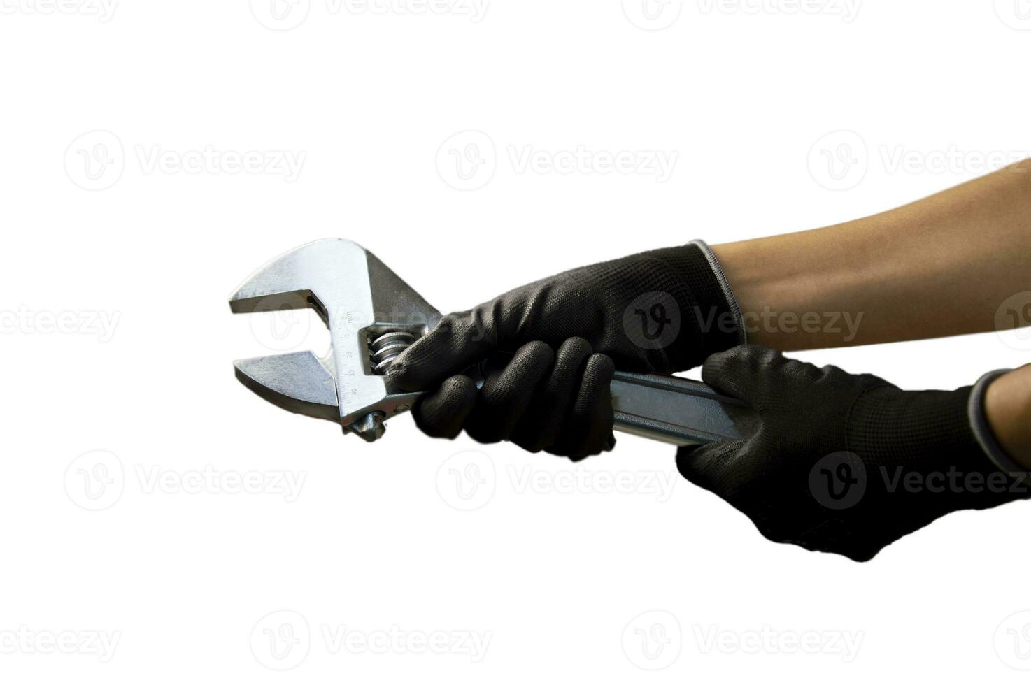 Mechanic holding a large adjustable wrench Size 375mm, white background photo