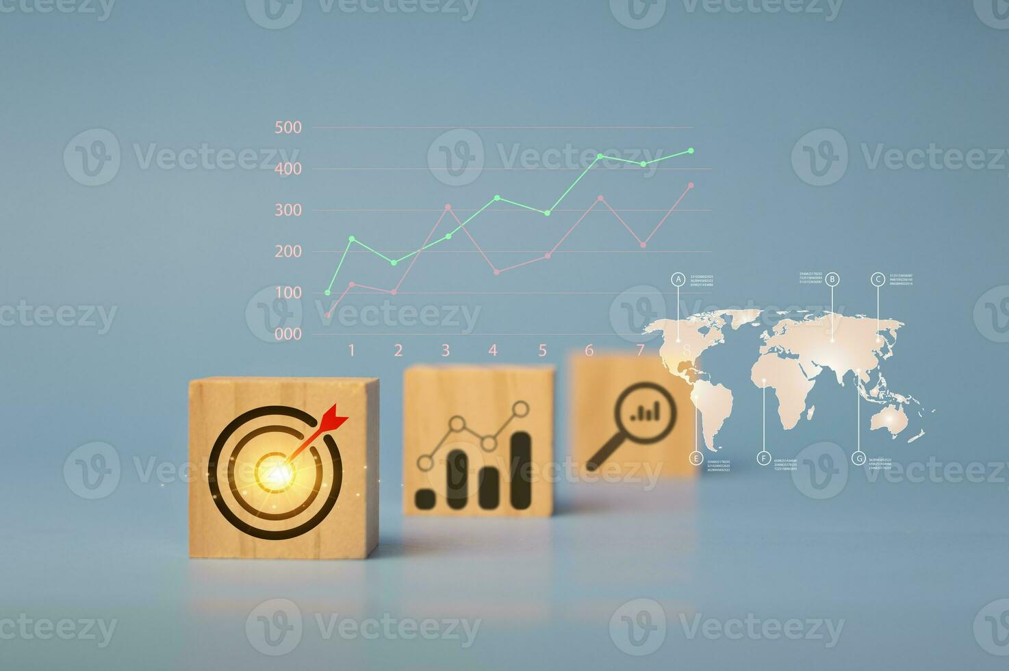 Planning and strategizing in the stock market, business progress or success. Show virtual holographic stocks to invest in trading. photo