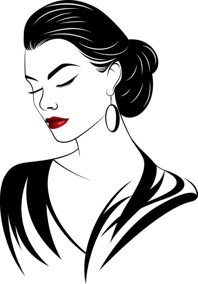 Beautiful woman with black hair and red lips. Women's face logo, Vector illustration.