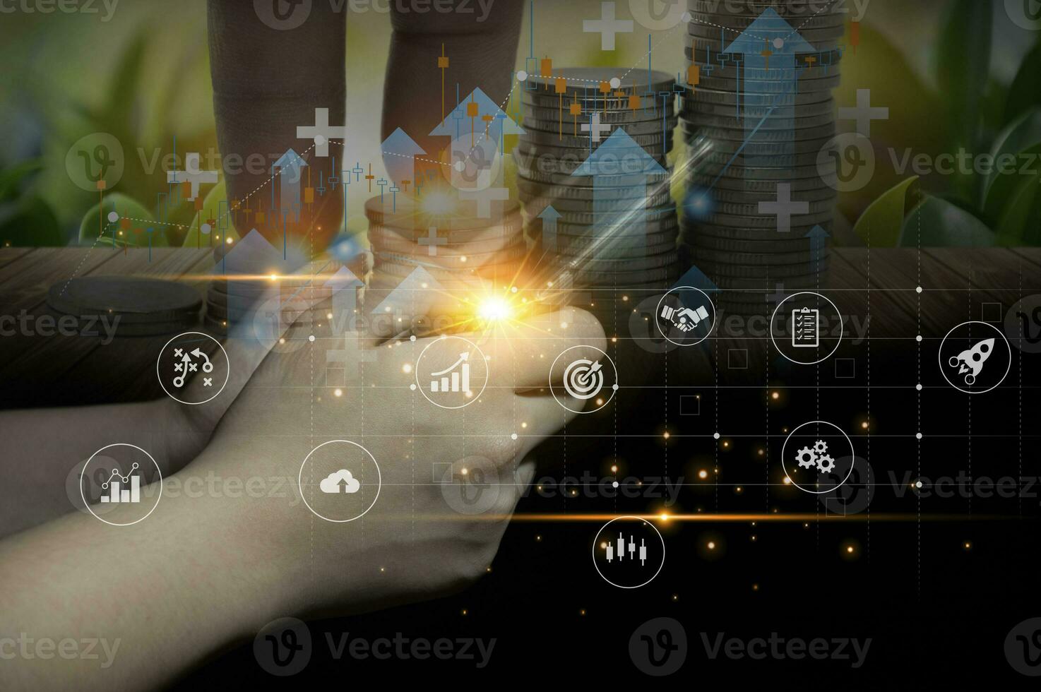 Planning and Strategy Stock Market Business Growth progress or success Businessman or trader hand touches showing virtual hologram stock invest in trading photo