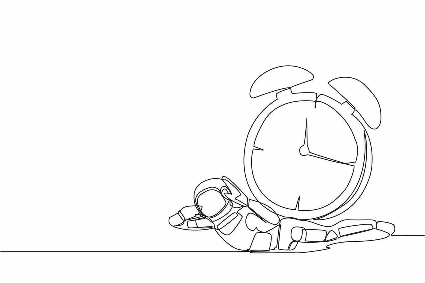 Single one line drawing of young astronaut under heavy alarm clock burden in moon surface. Work pressure at spaceship business project. Cosmic galaxy space. Continuous line design vector illustration