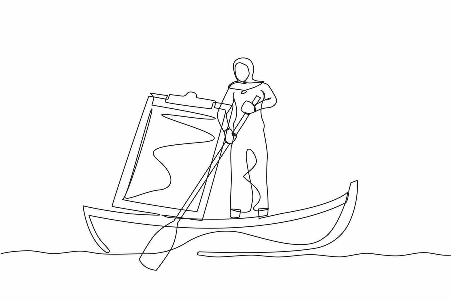 Single one line drawing Arabian businesswoman standing in boat, sailing with clipboard. Employee escape from deadline checklist board. Productivity problem. Continuous line design vector illustration