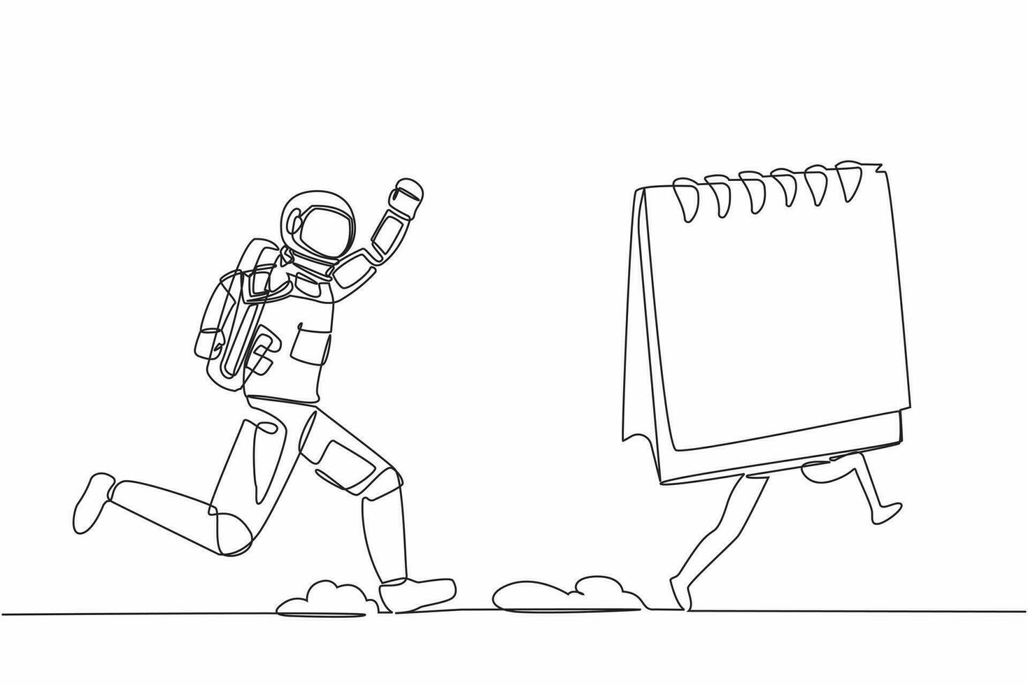 Single one line drawing young astronaut chasing calendar in moon surface. Spacecraft launch schedule planning. Cosmonaut deep space concept. Modern continuous line design graphic vector illustration