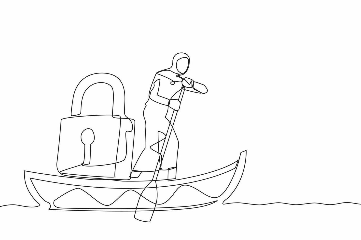 Single one line drawing Arab businesswoman standing in boat and sailing with padlock. Shipping protection at ocean from pirate. Security in business at sea. Continuous line design vector illustration