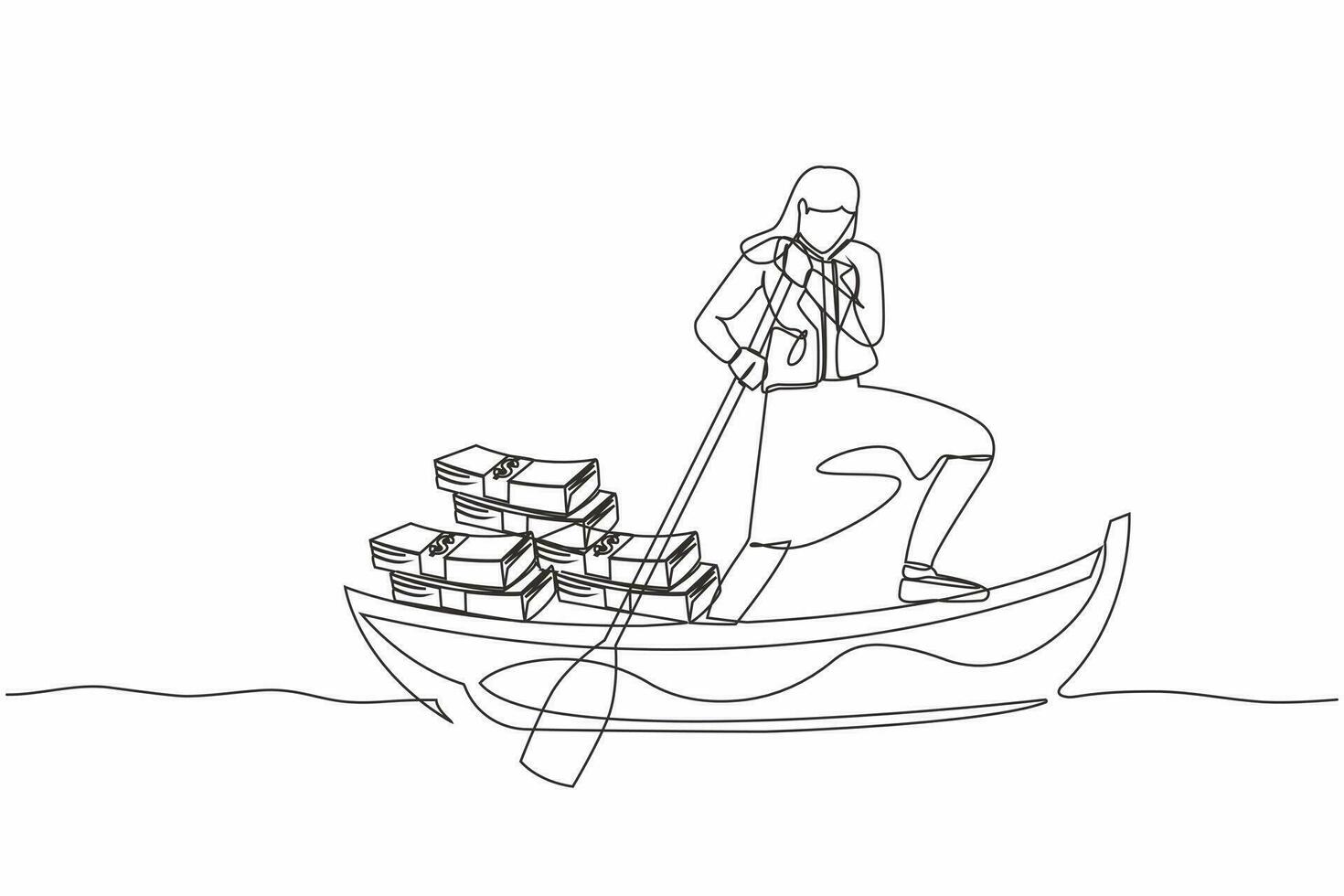 Single continuous line drawing businesswoman sailing away on boat with pile of banknote. Escape with money. Financial crime, tax evasion, money laundering. One line graphic design vector illustration