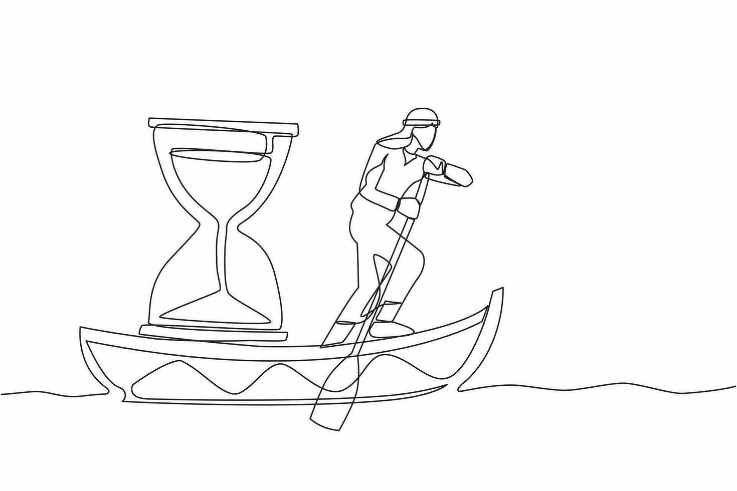 Single one line drawing Arab businessman sailing away on boat with hourglass. Office worker running out of time with business deadline. Motivation concept. Continuous line design vector illustration