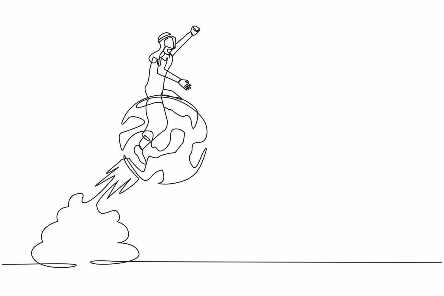 Continuous one line drawing Arab businessman riding sphere globe rocket flying in the sky. Global business expansion, open company branch in new location. Single line draw design vector illustration