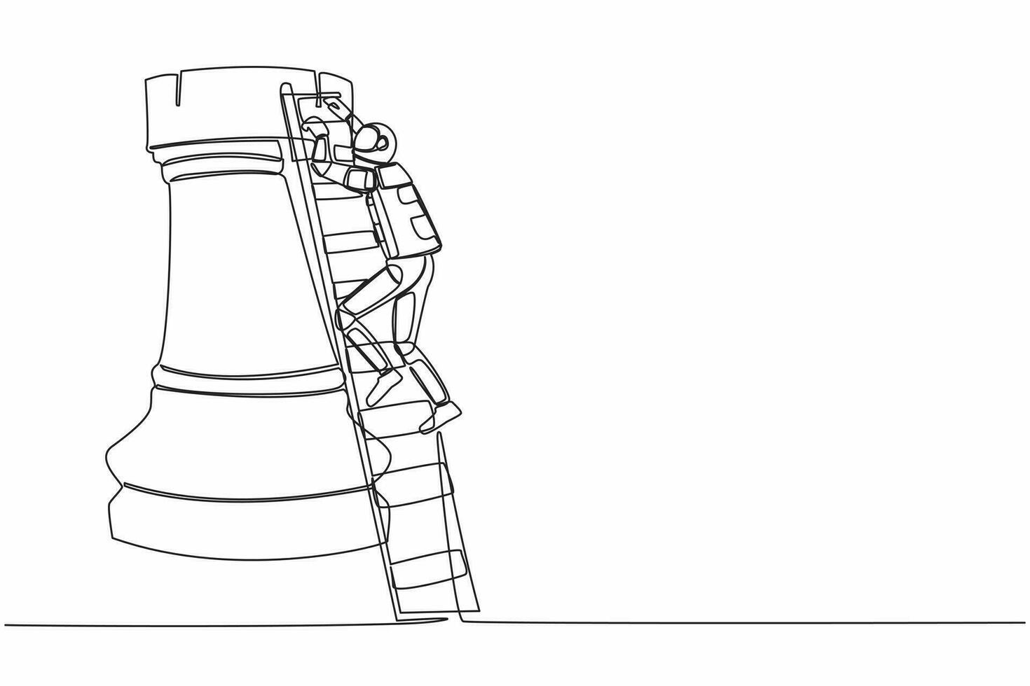 Single one line drawing astronaut climbing huge rook chess piece with ladder. Stages of success in preparing for space exploration. Cosmic galaxy space. Continuous line draw design vector illustration