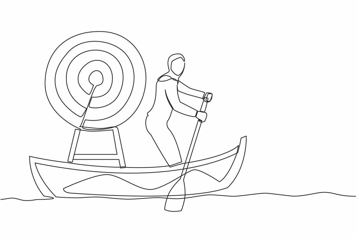 Single one line drawing Arab businesswoman standing in boat and sailing with dartboard target.  Hard work achieve business mission and win competition. Continuous line draw design vector illustration