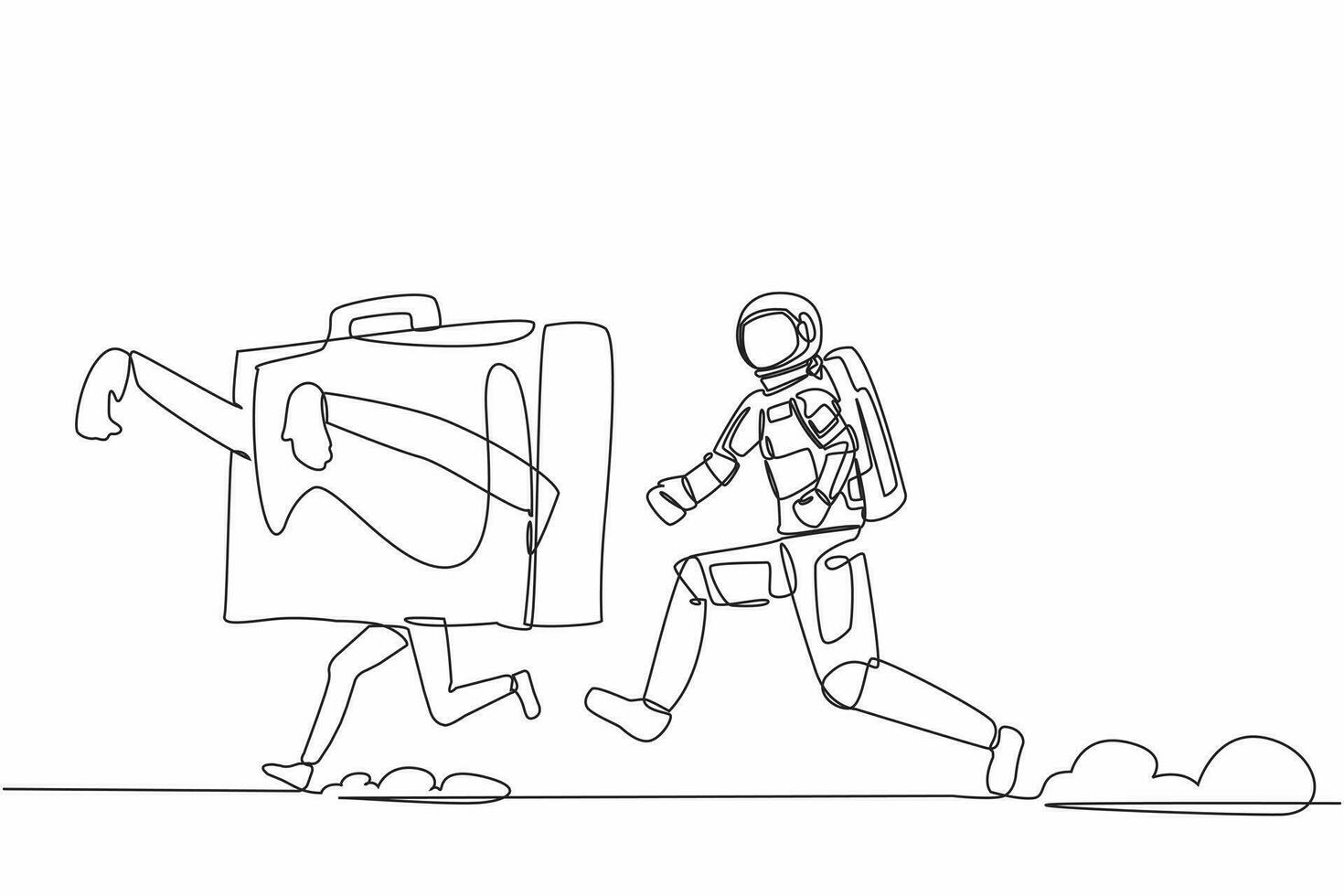 Continuous one line drawing of young astronaut running chasing briefcase in moon surface. Huge bag for space travel. Cosmonaut outer space concept. Single line draw design vector graphic illustration