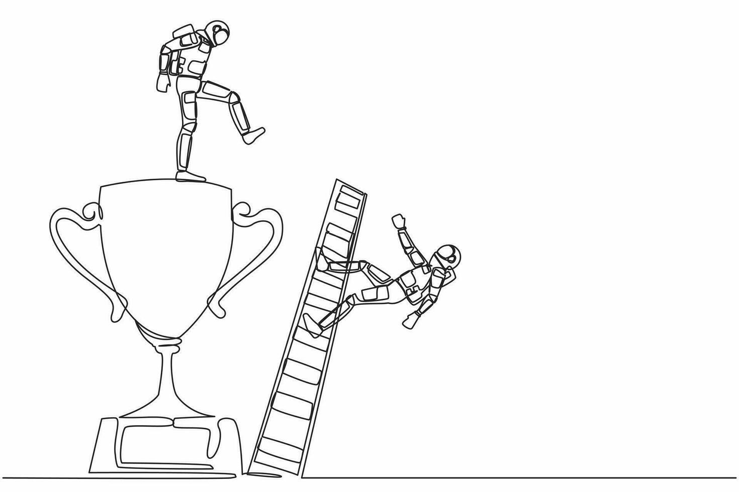 Single one line drawing of young astronaut kicking to make his rival falling down from the top ladder trophy of success in moon surface. Cosmic galaxy space. Continuous line design vector illustration