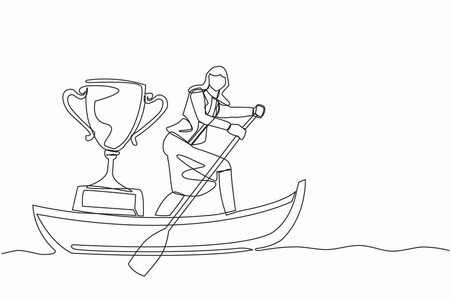 soltero uno línea dibujo atractivo mujer de negocios navegación lejos en barco con trofeo. navegación mundo campeonato otorgar. victorioso agua deporte competencia. continuo línea diseño gráfico vector ilustración