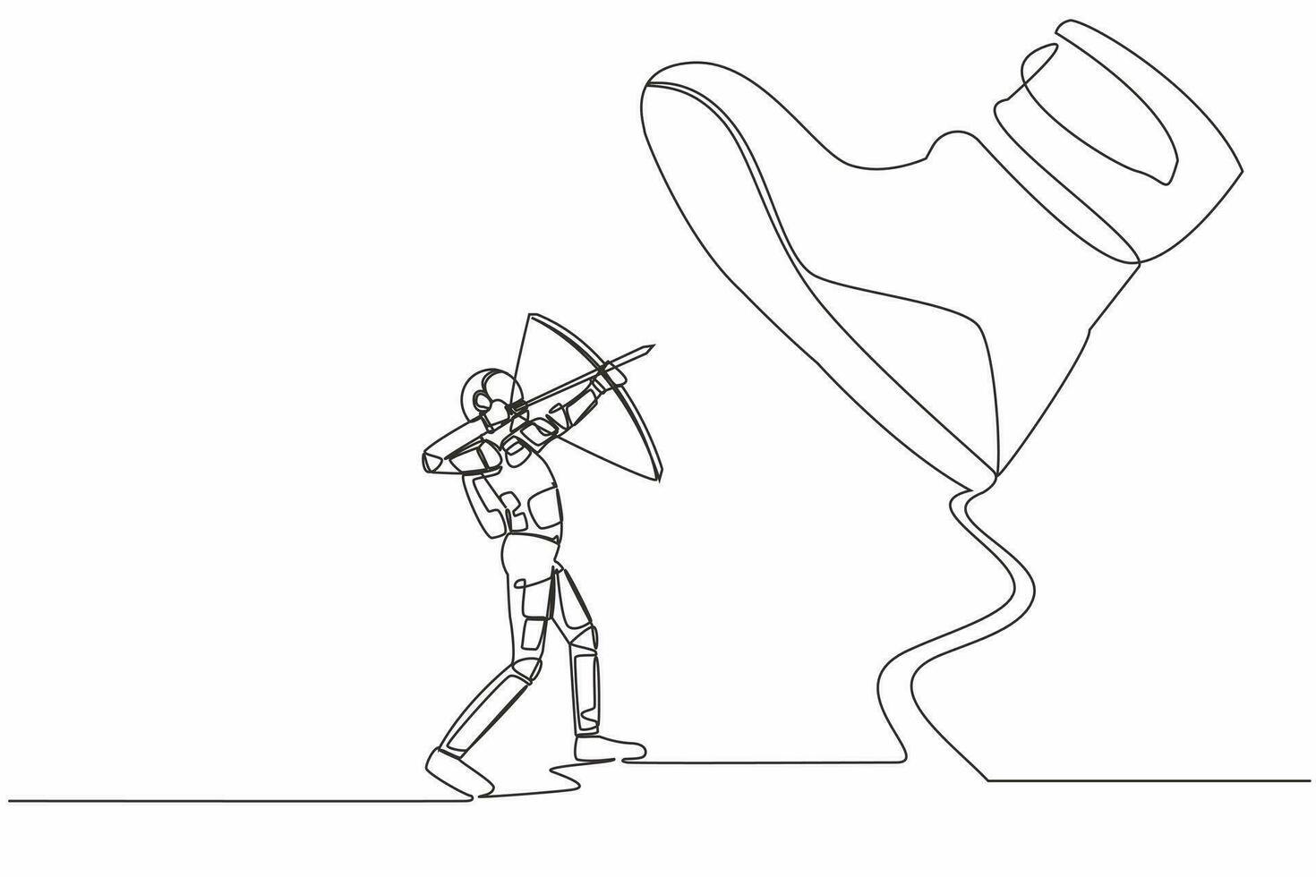 Single one line drawing young astronaut aiming bow against giant shoes stomping. Spaceman archery against giant foot step. Cosmic galaxy space concept. Continuous line draw design vector illustration