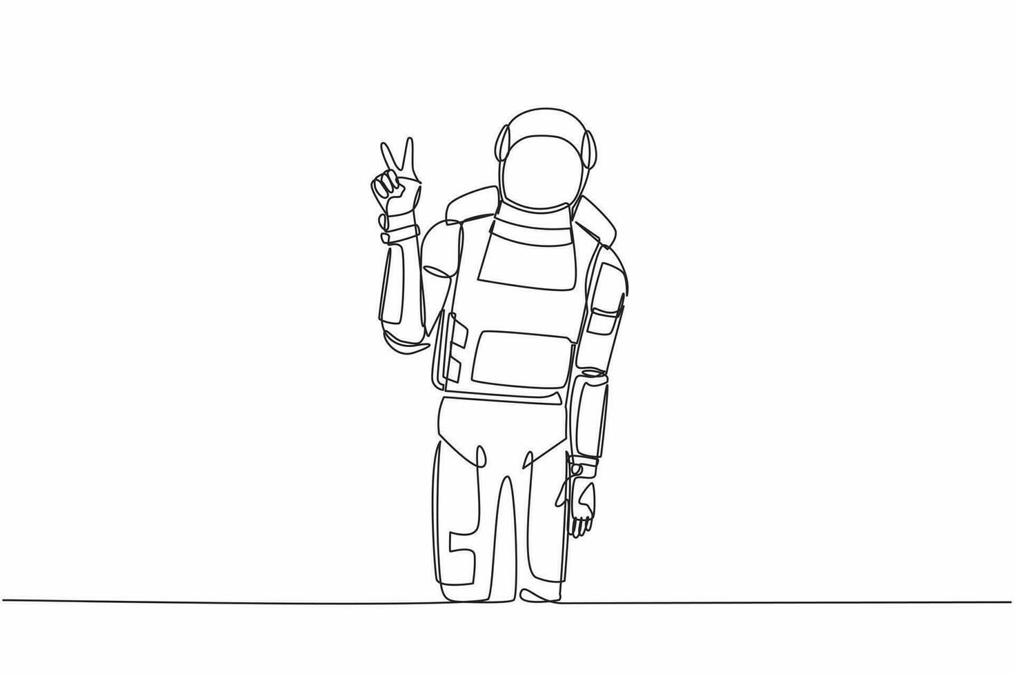 Continuous one line drawing young astronaut standing with v symbol, victory sign, success or winner gesture in moon surface. Cosmonaut outer space. Single line draw graphic design vector illustration