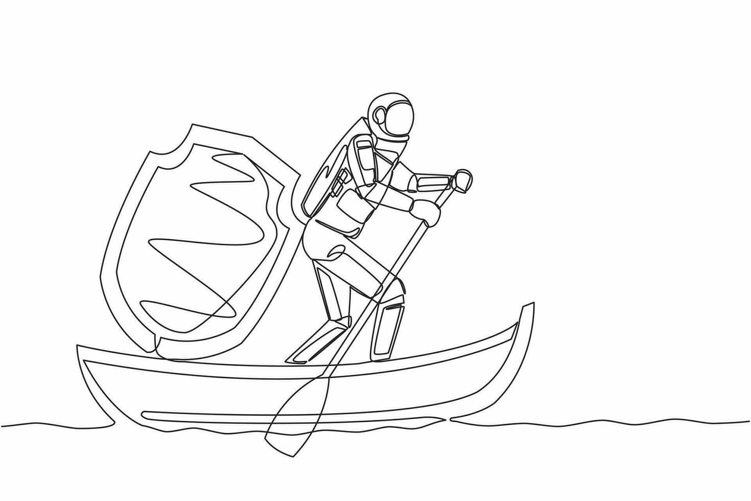 Single one line drawing young astronaut sailing away on boat with shield. Security and insurance in spaceship launching. Cosmic galaxy space concept. Continuous line design graphic vector illustration