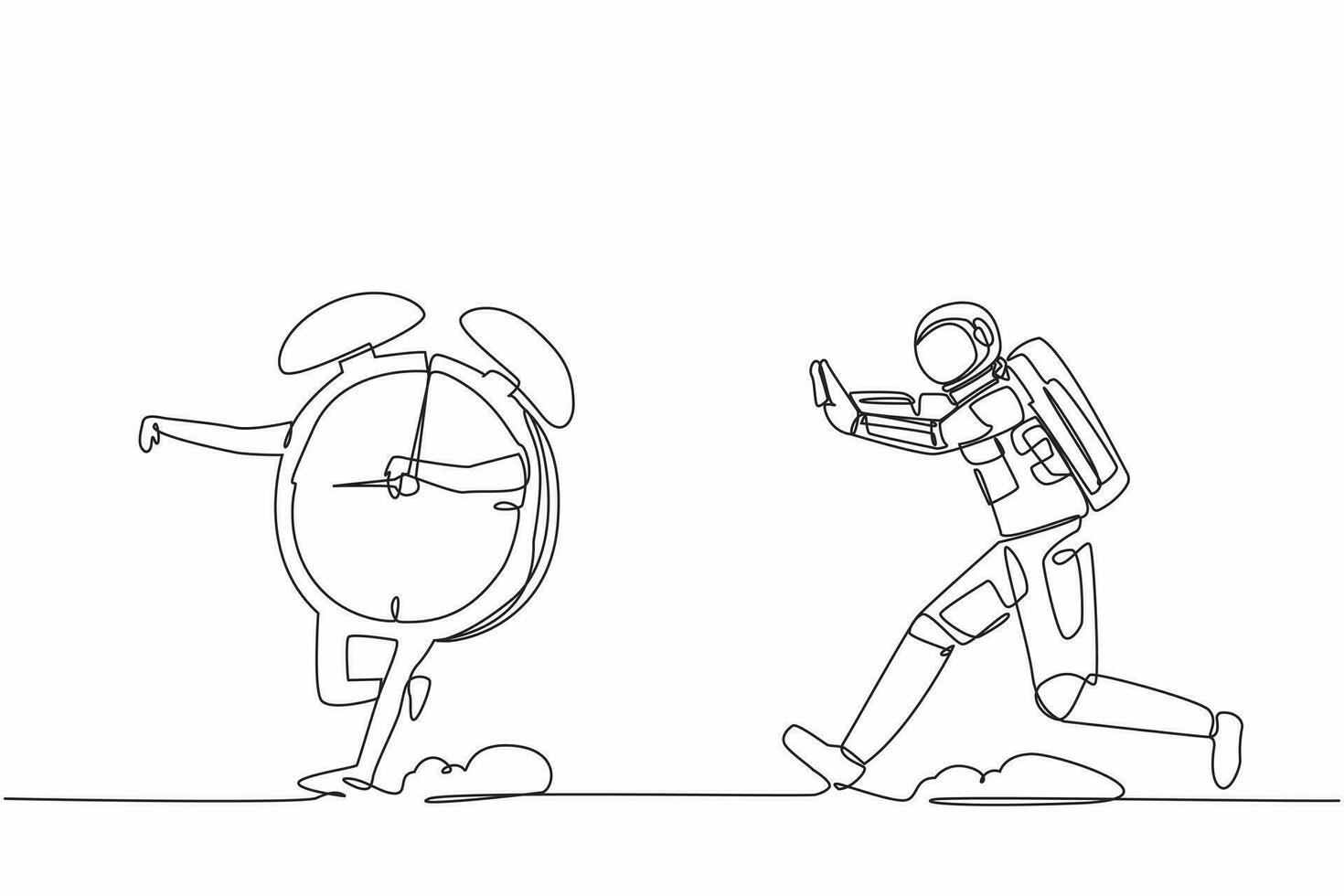 Single continuous line drawing young astronaut chasing alarm clock in moon surface. Space shuttle launch deadline management. Cosmic galaxy space concept. One line graphic design vector illustration