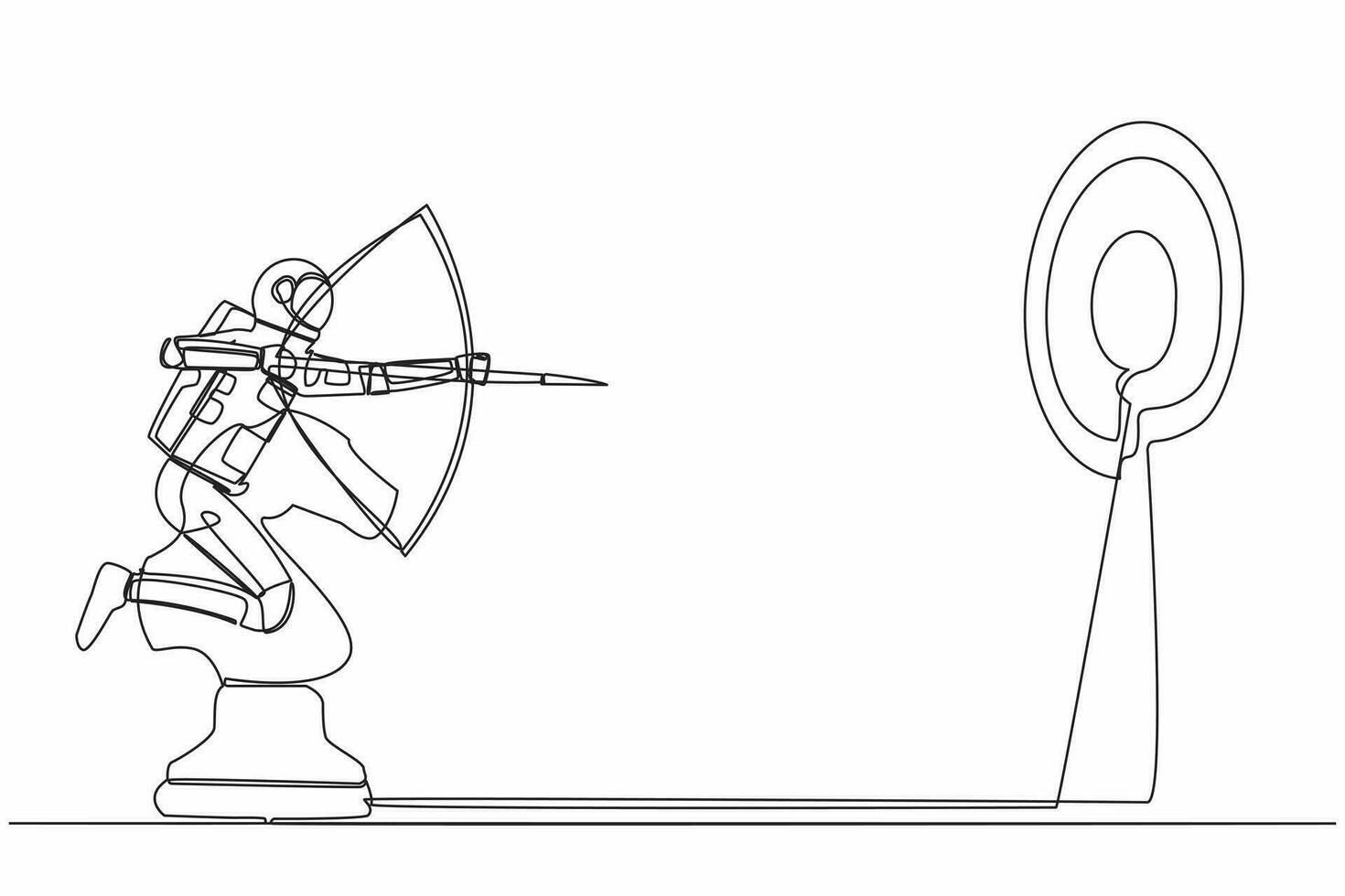 Single one line drawing astronaut holding arrow and aiming target while riding chess knight horse in moon surface. Cosmic galaxy space concept. Continuous line draw design graphic vector illustration