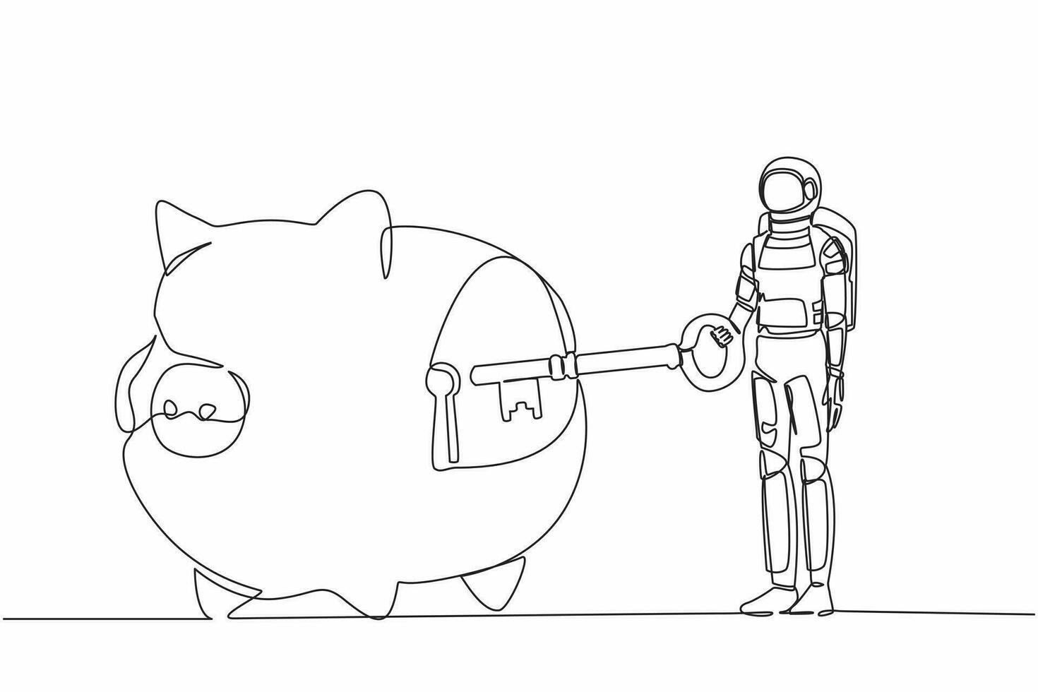 Continuous one line drawing young astronaut putting key into piggy bank. Personal saving or money security for spaceship expedition. Cosmonaut outer space. Single line draw design vector illustration