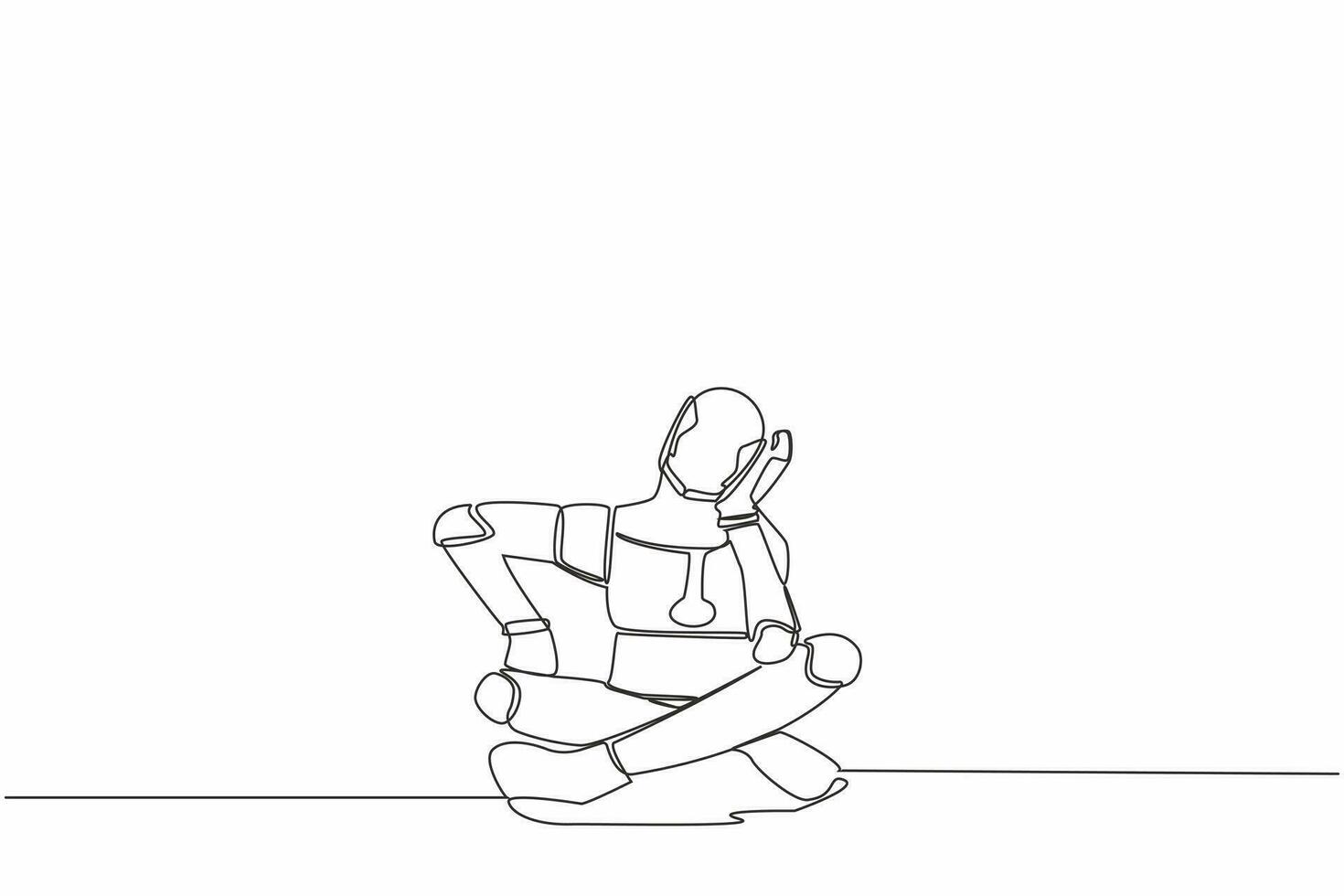 Single one line drawing robot sitting with support his head and confused because get into problem. Robotic artificial intelligence. Technology industry. Continuous line draw design vector illustration