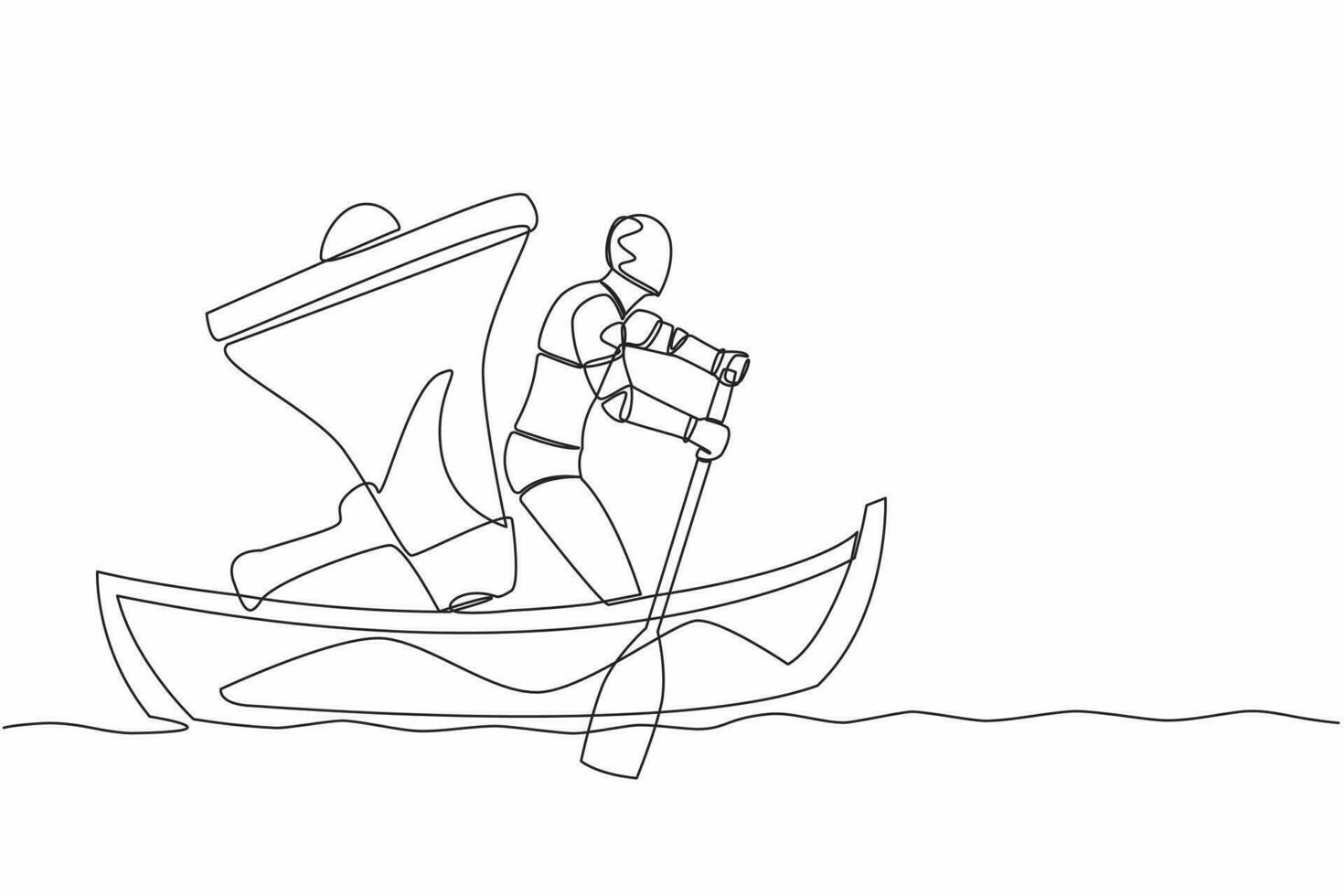 One continuous line drawing genius robot standing in boat and sailing with super megaphone. Humanoid shout and motivating team to move forward for success. Single line draw design vector illustration