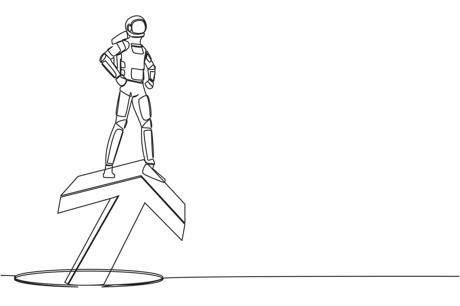 Continuous one line drawing astronaut standing on big arrow coming out of holes. Spaceman lead financial graph rising from hole. Cosmonaut outer space. Single line graphic design vector illustration
