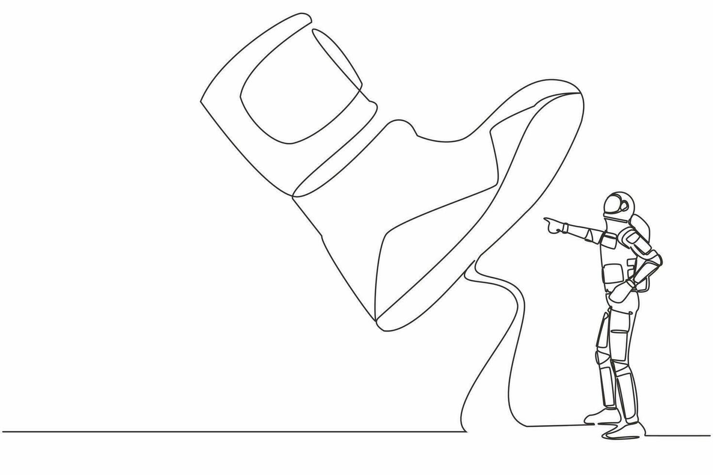Continuous one line drawing young astronaut facing against giant shoes stomping. Spaceman pointing against giant foot step. Cosmonaut outer space. Single line draw graphic design vector illustration