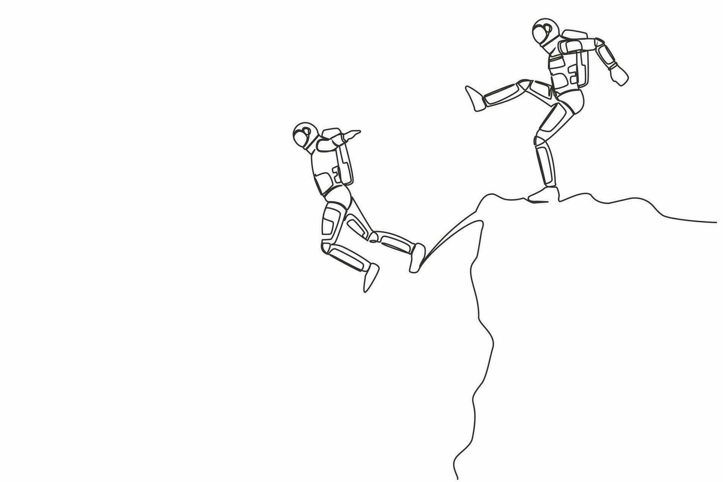 Single continuous line drawing young astronaut kick throw colleague off cliff or hill. Eliminate rival coworker. Rivalry and competition. Cosmonaut deep space. One line draw design vector illustration