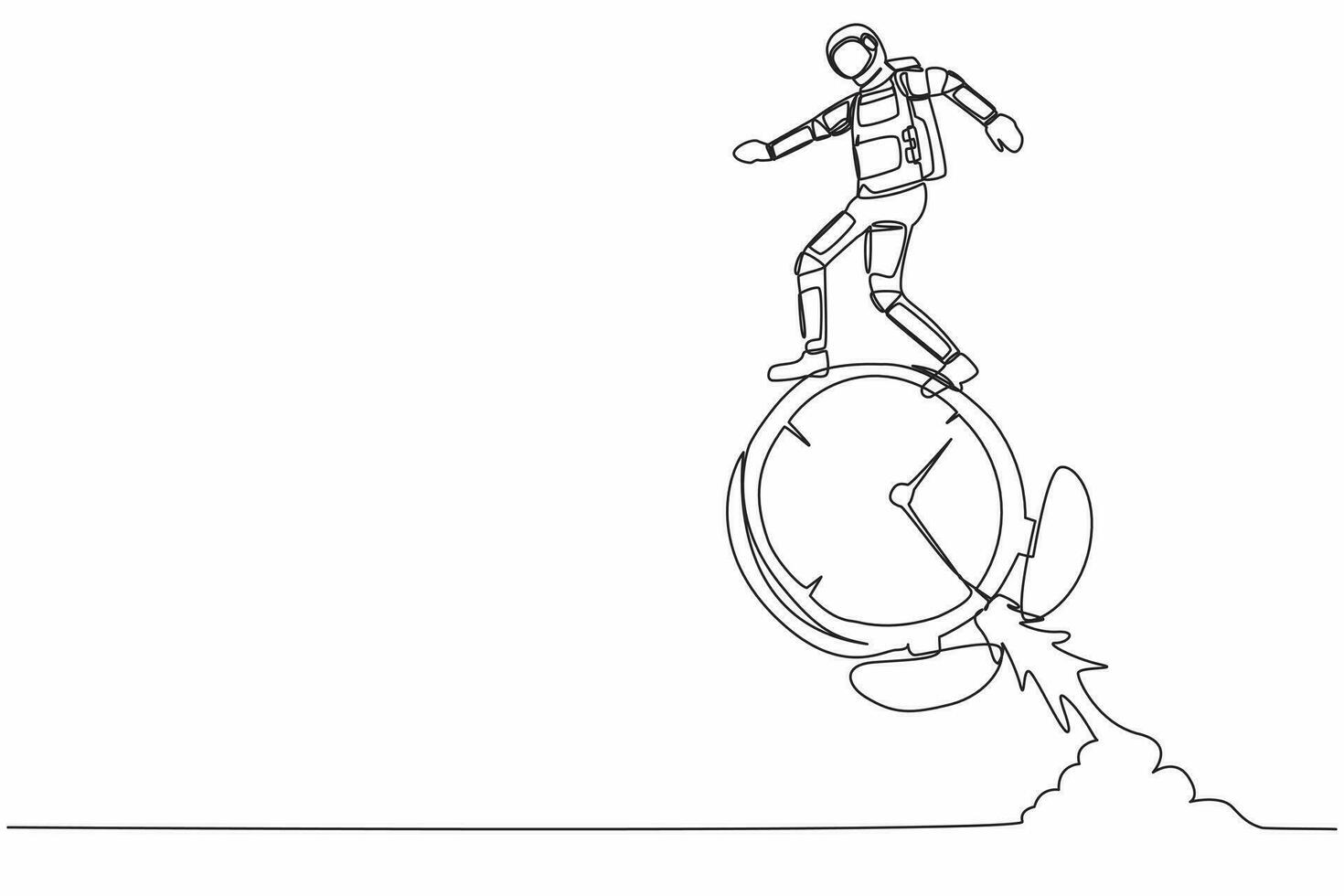 Continuous one line drawing young astronaut riding alarm clock rocket ship with fire in moon surface. Space expedition launching. Cosmonaut outer space. Single line graphic design vector illustration