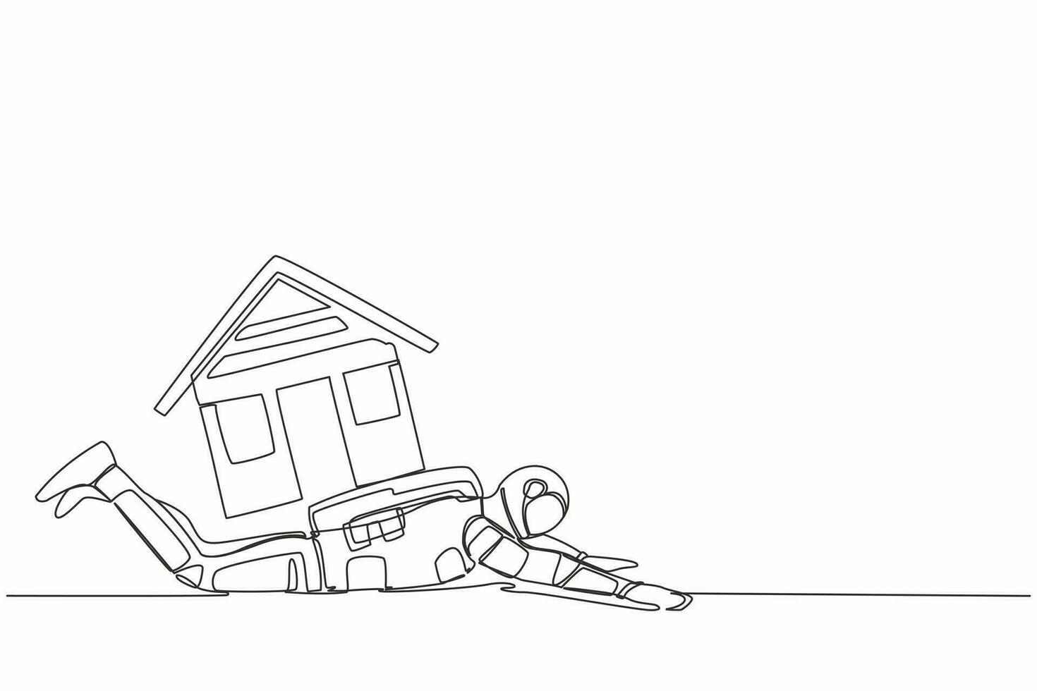 Single continuous line drawing young astronaut under heavy house burden. Financial mortgage problem, taxes expenses in space company. Cosmonaut deep space. One line design vector graphic illustration