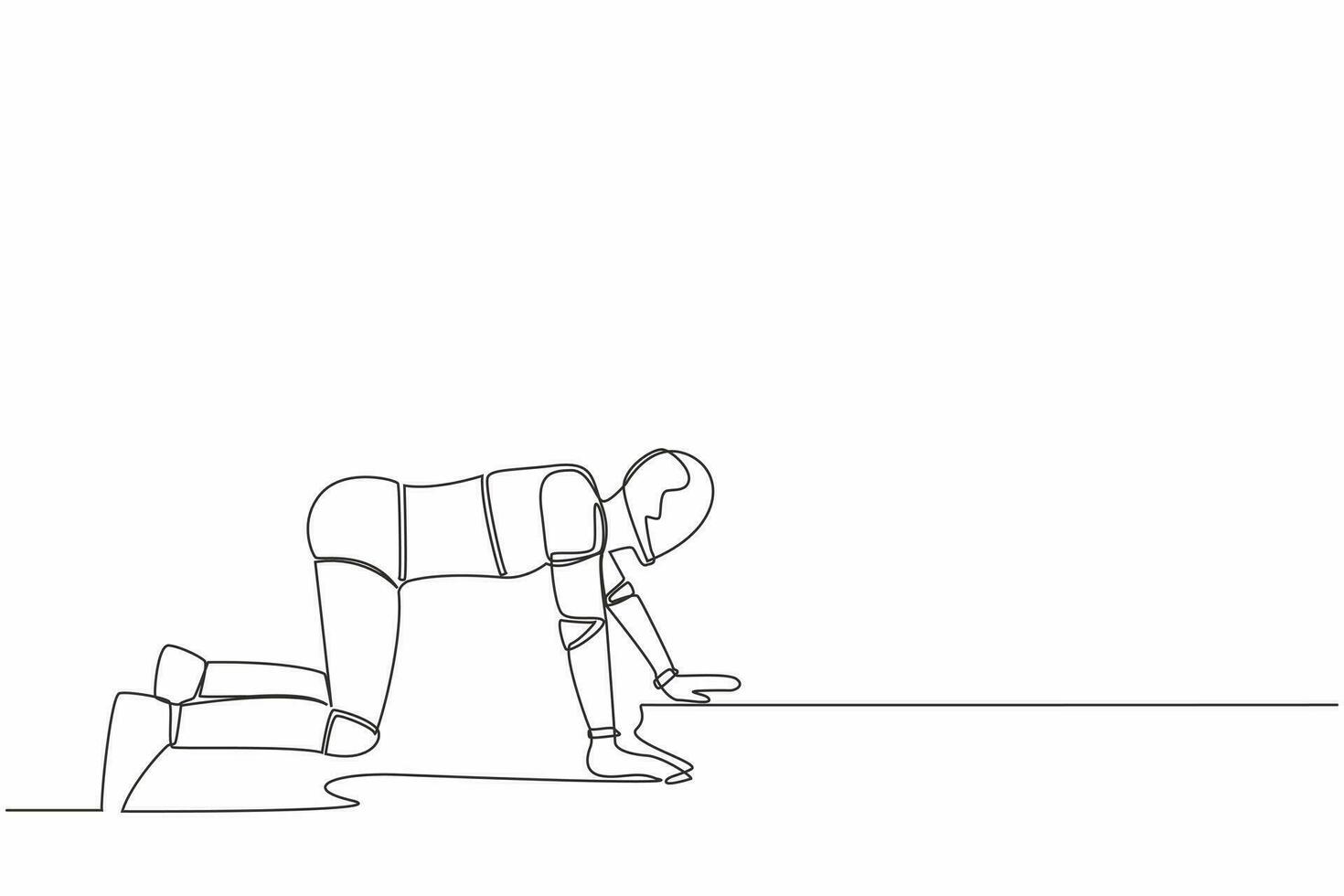 soltero continuo línea dibujo Deprimido robot gateando en desesperación en el piso. frustrado concepto. artificial inteligencia y máquina aprendizaje proceso. uno línea gráfico diseño vector ilustración