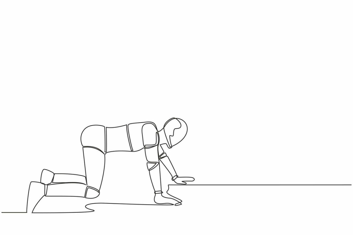 Single continuous line drawing depressed robot crawling in despair on the floor. Frustrated concept. Artificial intelligence and machine learning process. One line graphic design vector illustration