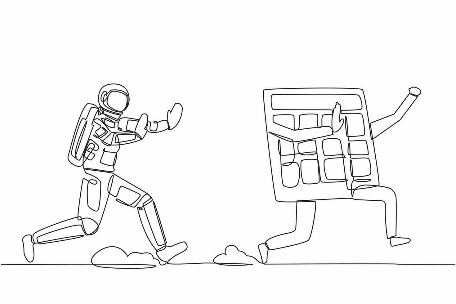 Single one line drawing young astronaut run chasing calculator in moon surface. Calculation of costs for space exploration. Cosmic galaxy space. Continuous line draw graphic design vector illustration