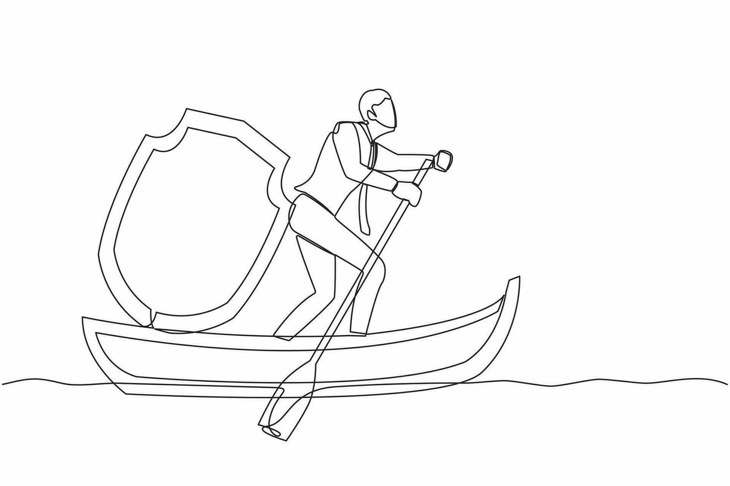 Single continuous line drawing businessman sailing away on boat with protect shield. Business protection and precaution financial crime. Online security guard. One line draw design vector illustration