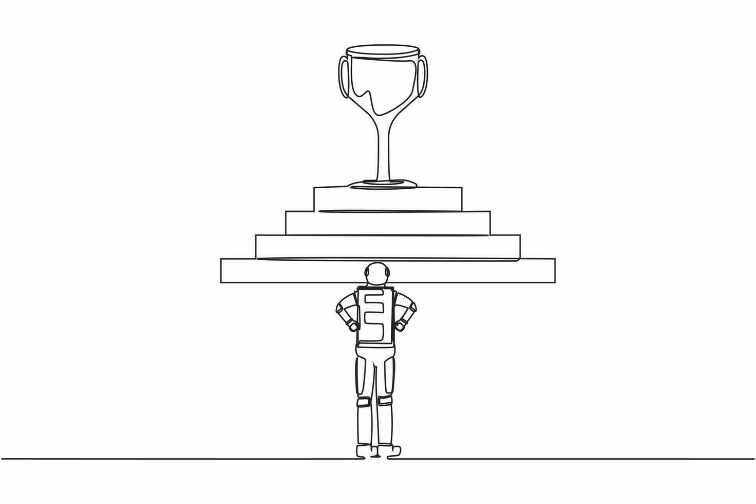 Single continuous line drawing of astronaut standing in front of staircase with trophy on top. Path to success in cosmic exploration. Cosmonaut deep space. One line graphic design vector illustration